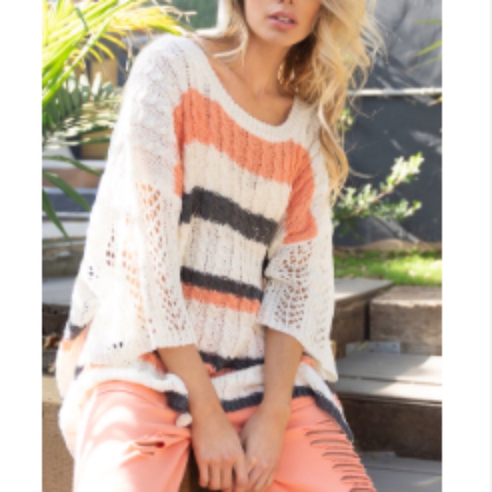 POL top POL sweater Cream Open-Knit Sweater with Coral and Charcoal Stripes nwot